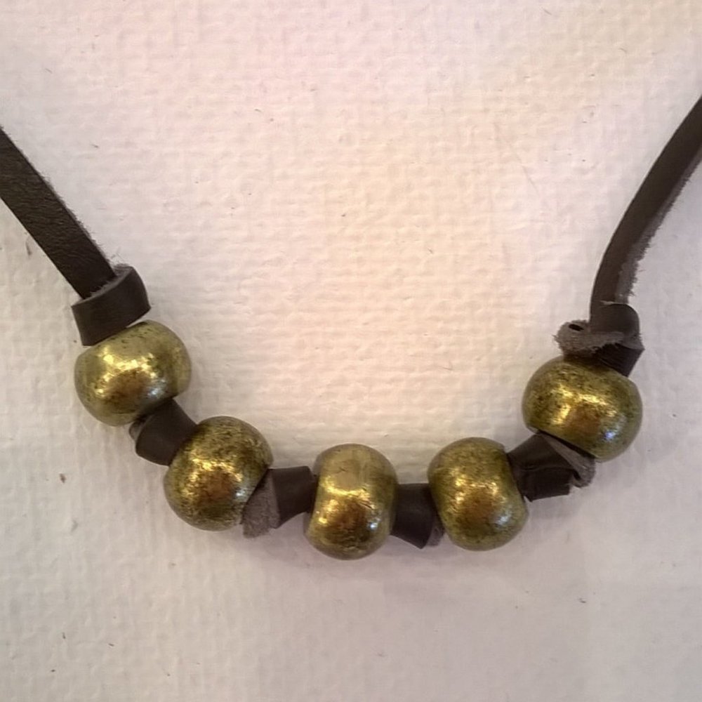 Brown Leather and Brass Bead Necklace